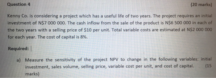  Question 4 (20 marks) Kenny Co. is considering a project which