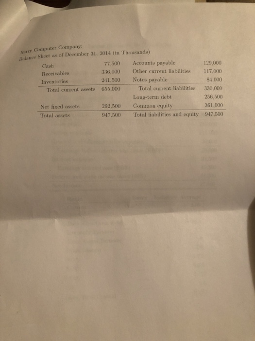  RATIO ANALYSIS Data for Barry Computer Co. and its industry averages