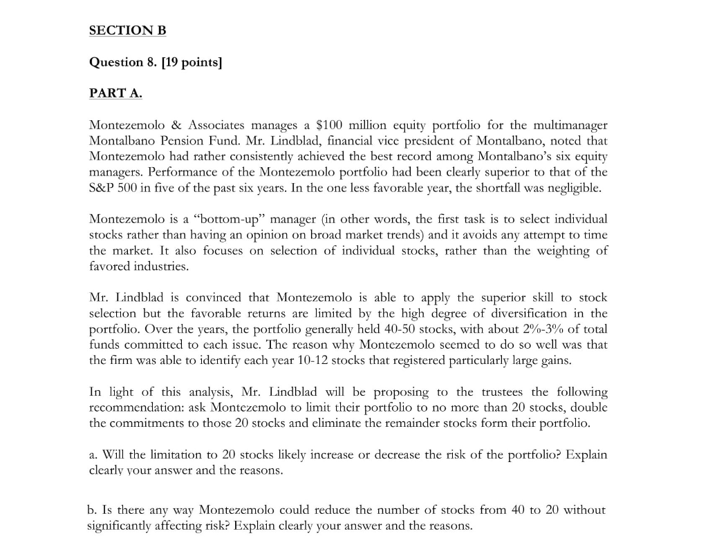 SECTION B Question 8. [19 points) PART A. Montezemolo & Associates