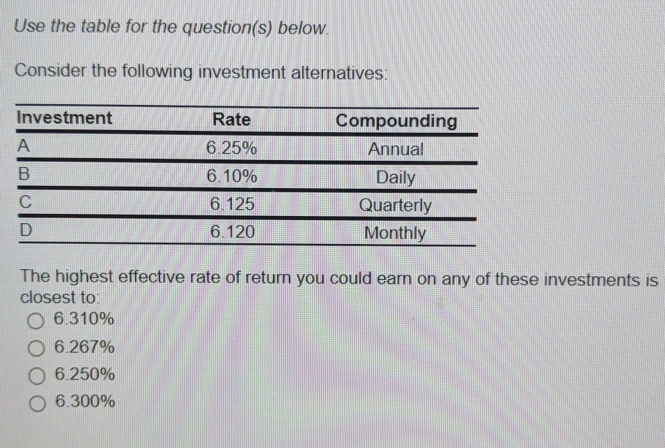 Use the table for the question(s) below Consider the following investment