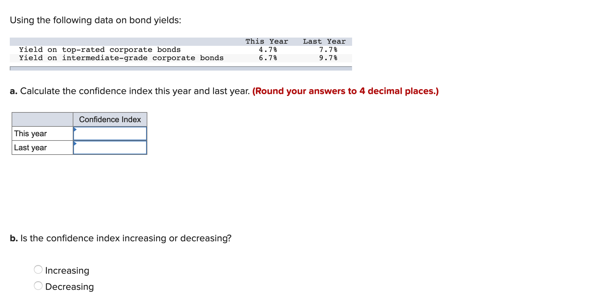 Using the following data on bond yields: Yield on top-rated corporate