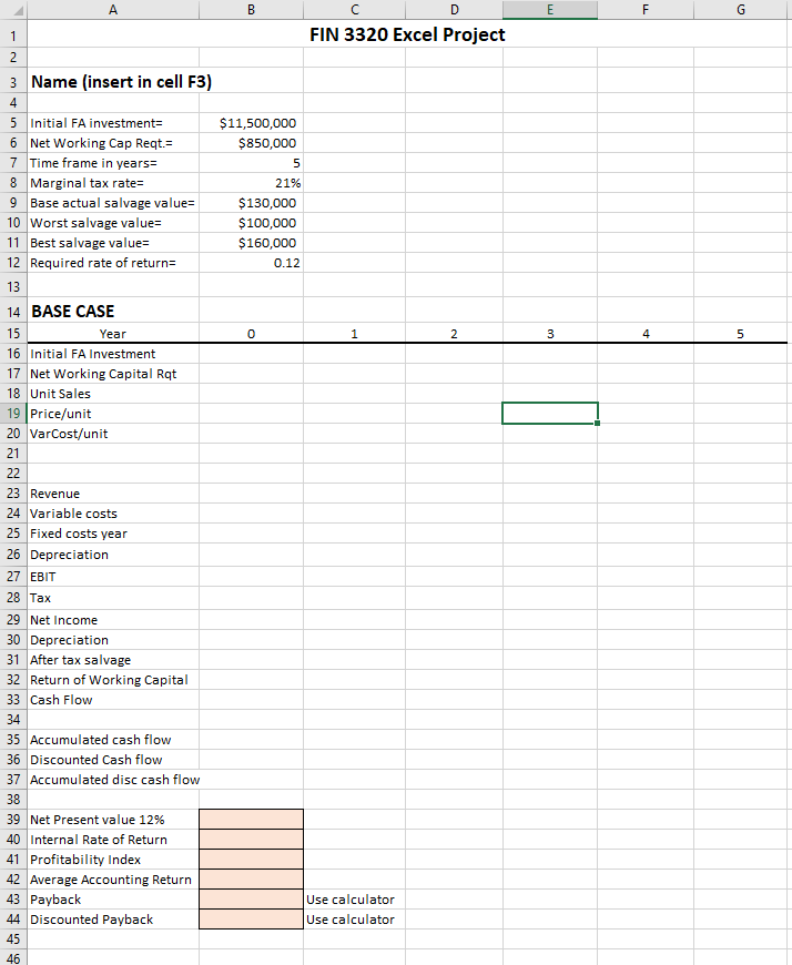 3320 -- Excel Project Use Excel to evaluate the following capital budgeting