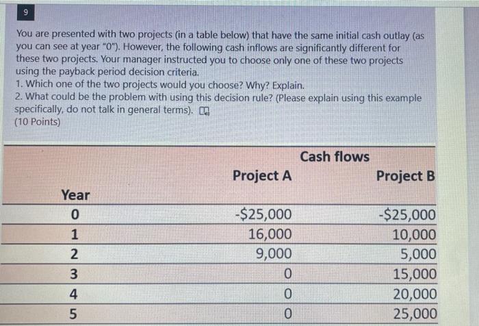  9 You are presented with two projects in a table below)