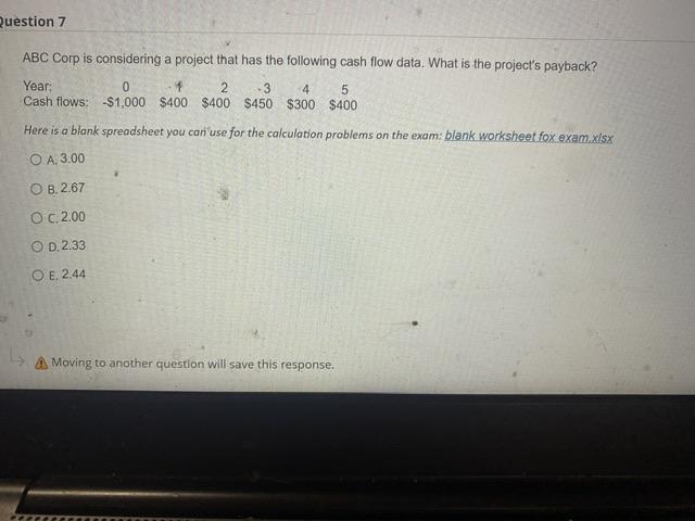 ABC Corp is considering a project that has the following cash