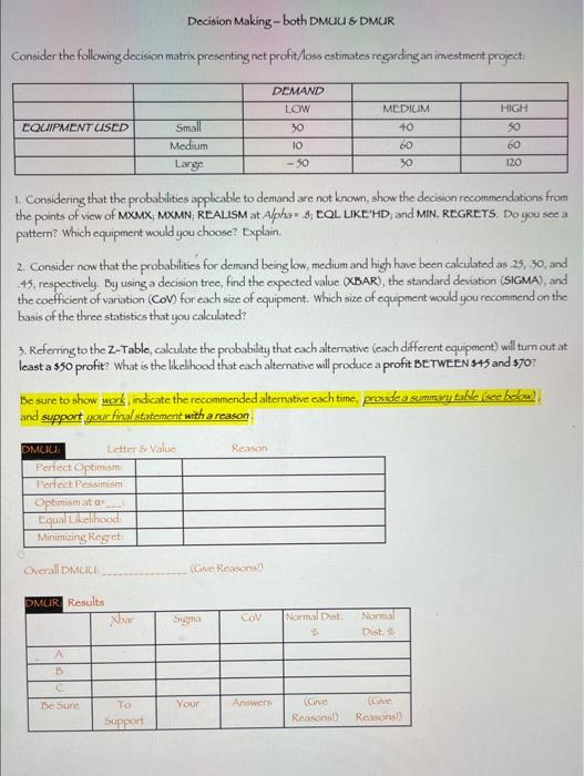 DMUR Consider the following decision matrix presenting net profit/loss estimates regarding an