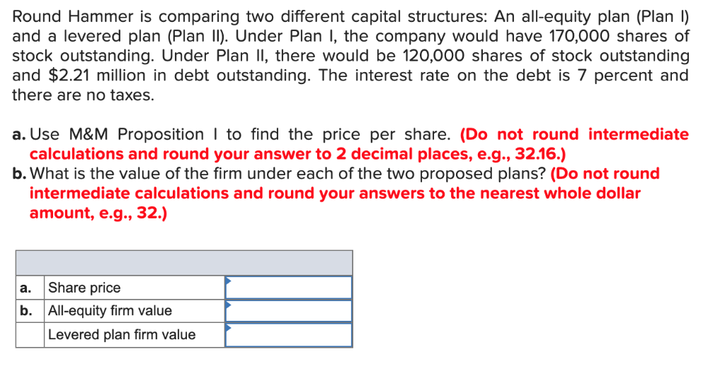  Round Hammer is comparing two different capital structures: An all-equity plan