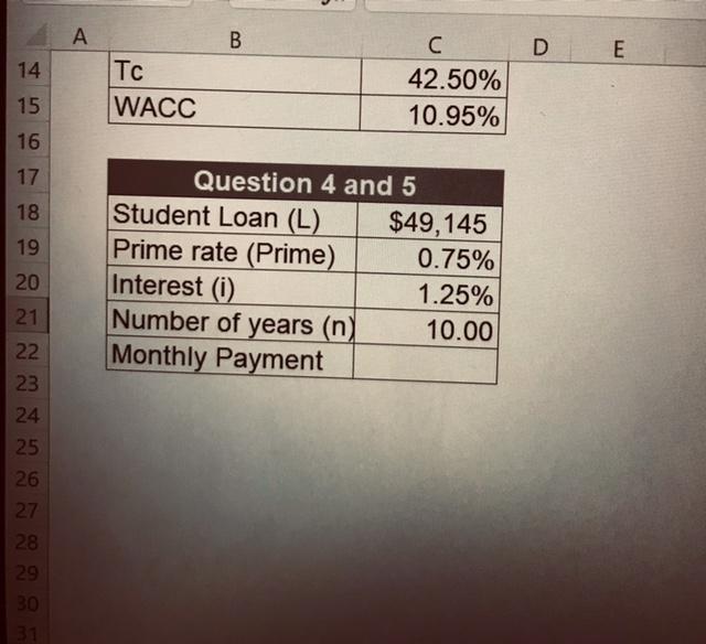 B D E 14 A c WACC 42.50% 10.95% 15 16