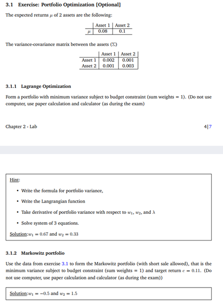  3.1 Exercise: Portfolio Optimization (Optional) The expected returns ju of 2