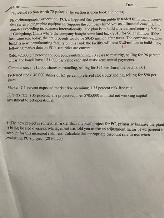  Date: ame: The second section worth 70 points. (The section is