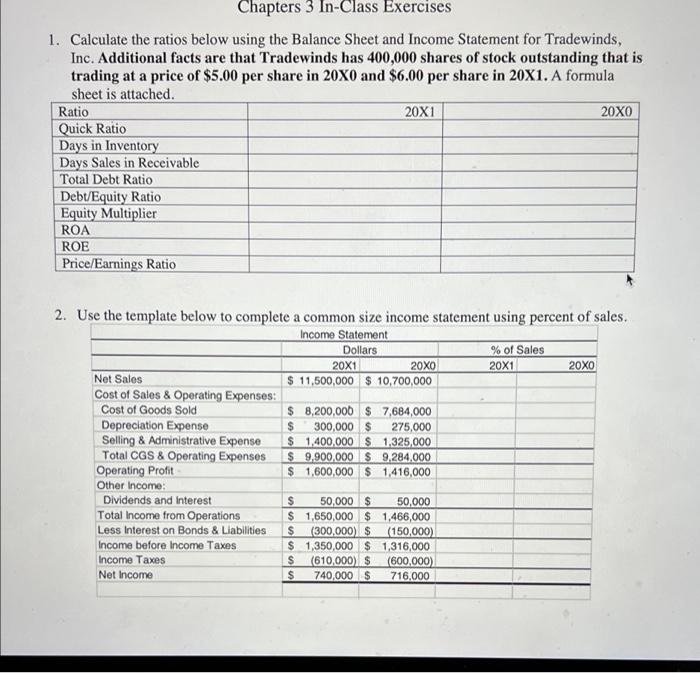  Chapters 3 In-Class Exercises 1. Calculate the ratios below using the