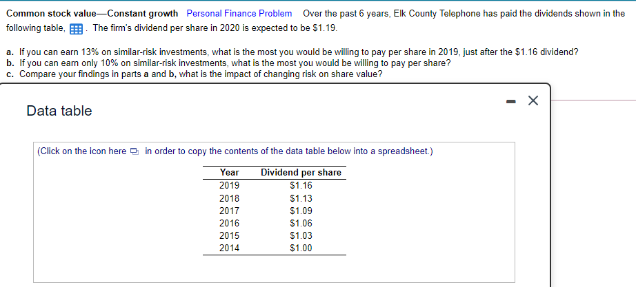 Please answer parts (a., b., & c.) Common stock value-Constant growth Personal