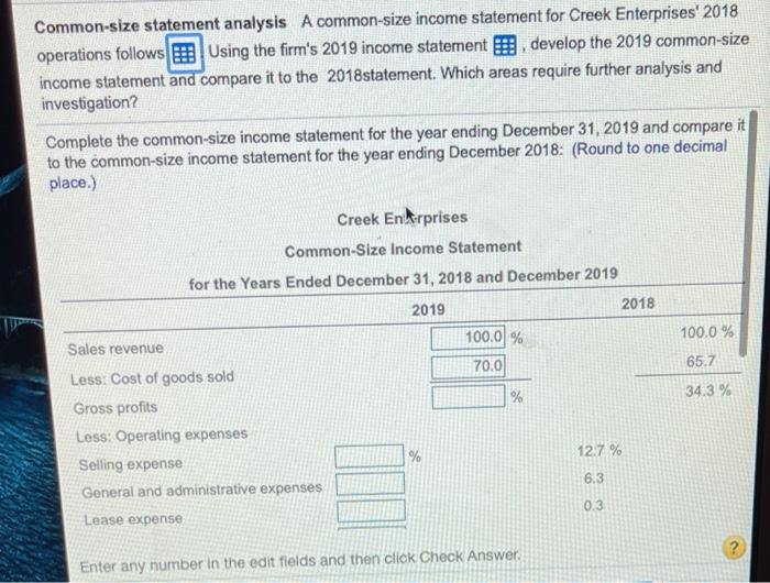  Common-size statement analysis A common-size income statement for Creek Enterprises' 2018
