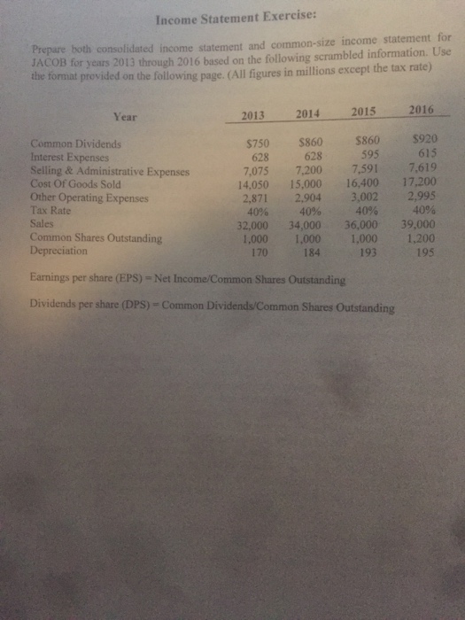  Income Statement Exercise: JACOB for years 2013 through 2016 based on