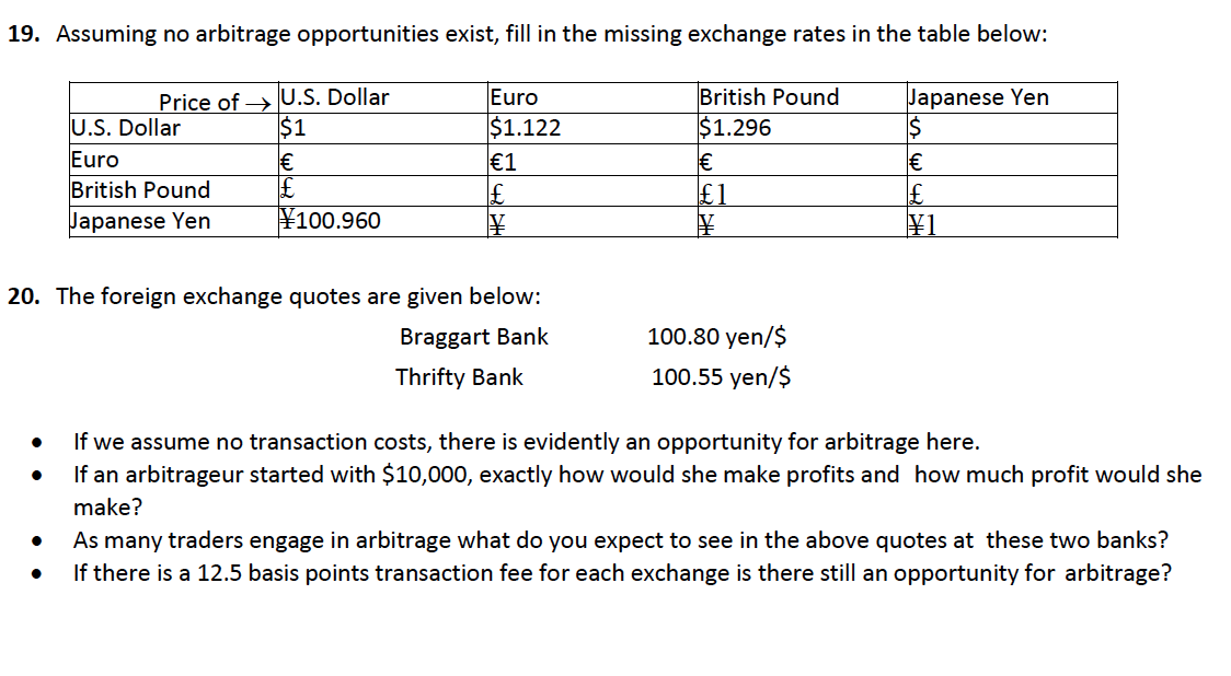  19. Assuming no arbitrage opportunities exist, fill in the missing exchange