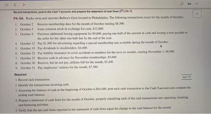 P4-5A !! 1 3 B Aa Record transactions, post to the Cash