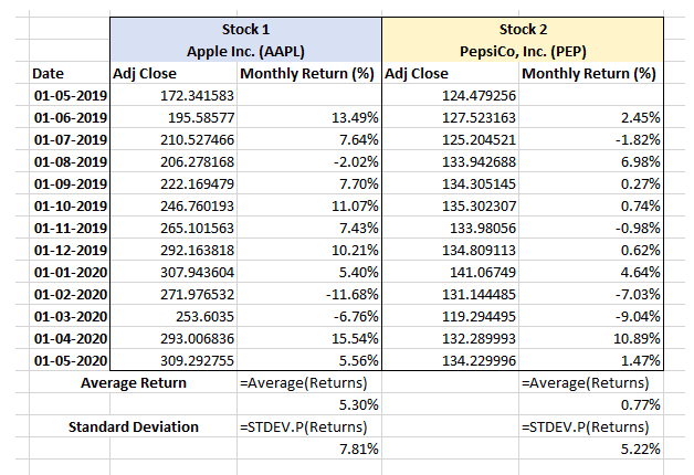 Task 5: With the either portfolio, create a table that shows the