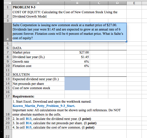 For problem 9-3 find the expected dividend next year (D), net proceeds