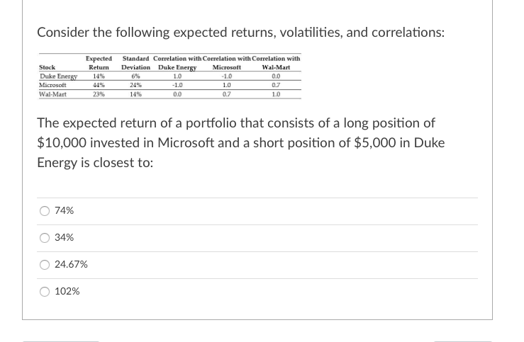  Consider the following expected returns, volatilities, and correlations: Expected Return Stock
