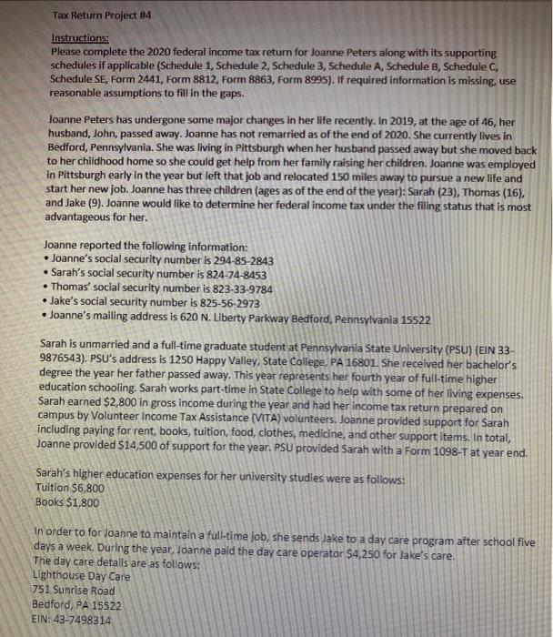  tax project #4 Tax Return Project 114 Instructions: Please complete the