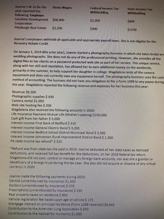 2020 federal income tax return for Joanne Peters along with its supporting