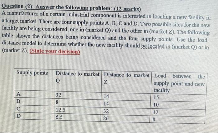 plz Question (2): Answer the following problem: (12 marks) A manufacturer of