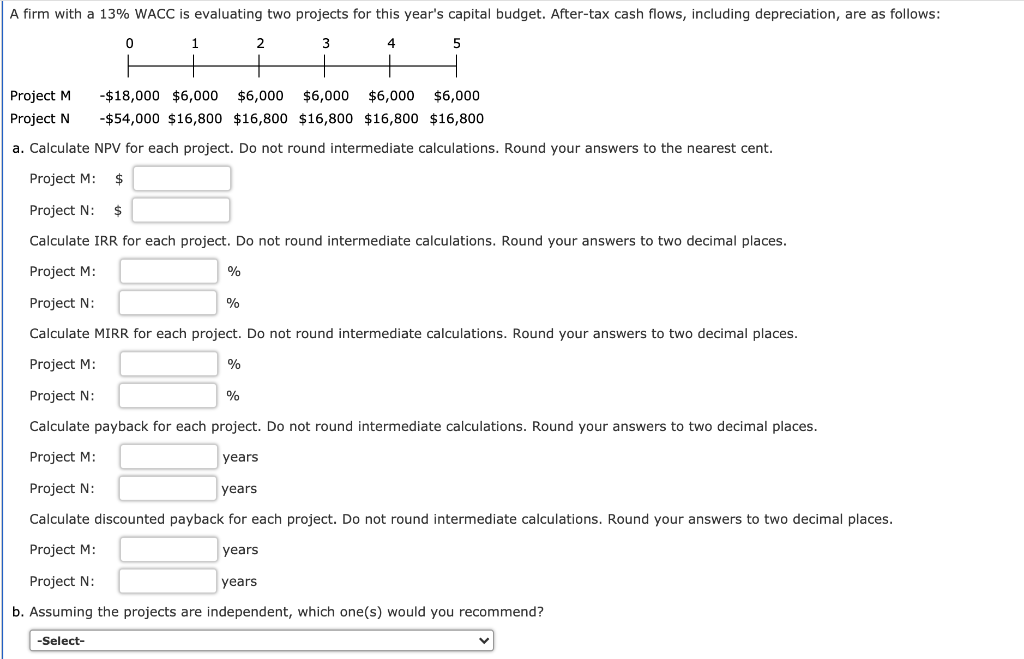  A firm with a 13% WACC is evaluating two projects for