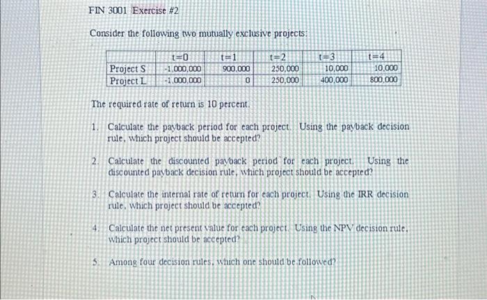  FIN 3001 Exercise #2 Consider the following two mutually exclusive projects: