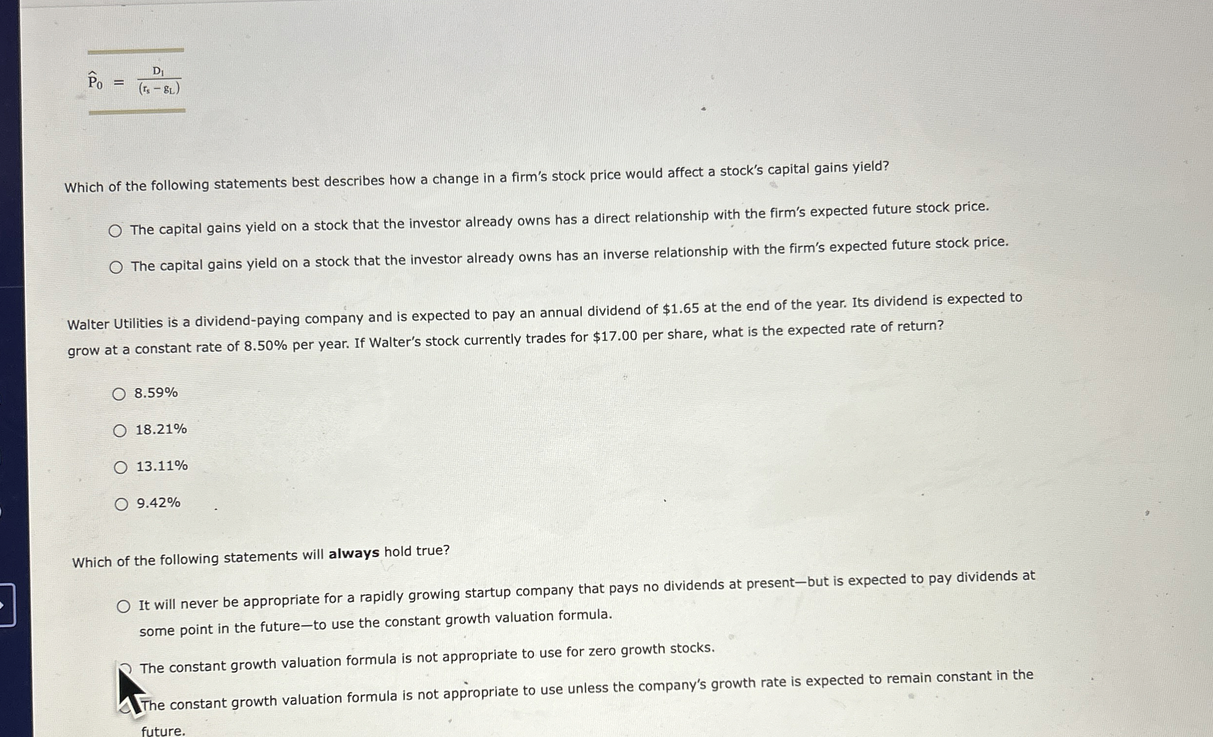 widehat(P)0=D1(rs-gL) Which of the following statements best describes how a change