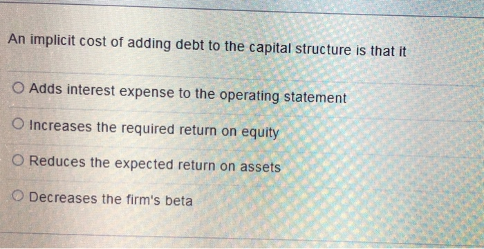  An implicit cost of adding debt to the capital structure is