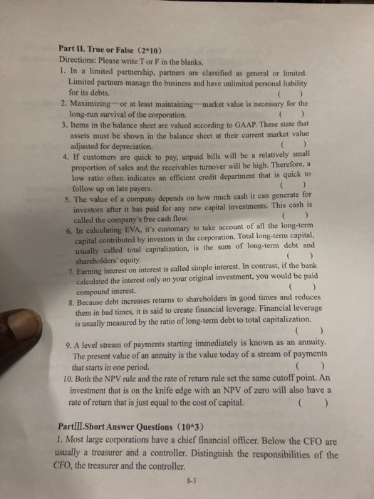  Part II. True or False (2 10) Directions: Please write T