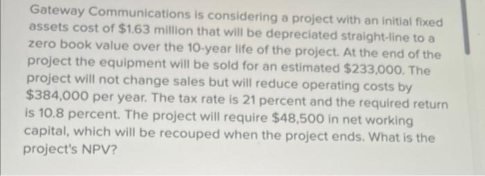  Gateway Communications is considering a project with an initial fixed assets