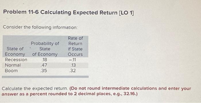  Problem 11-6 Calculating Expected Return [LO 1] Consider the following information: