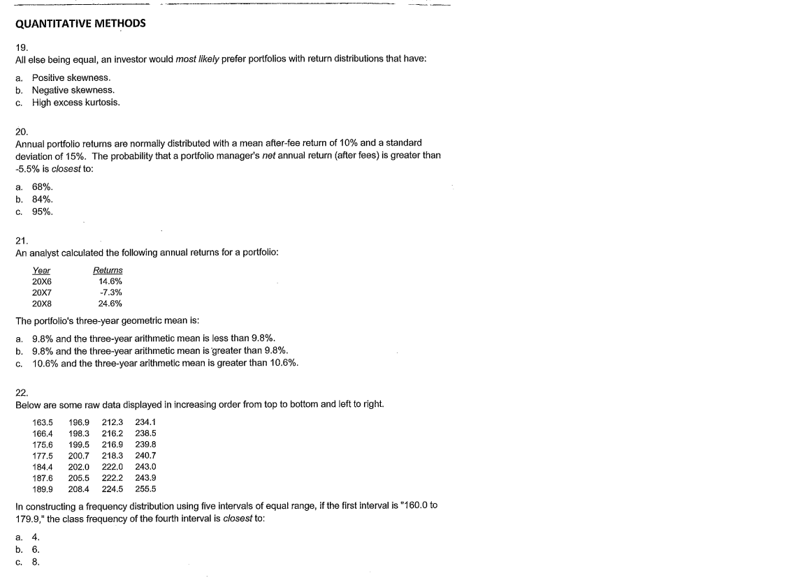 QUANTITATIVE METHODS 19. All else being equal, an investor would most