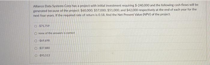  Alliance Data Systems Corp has a project with initial investment requiring