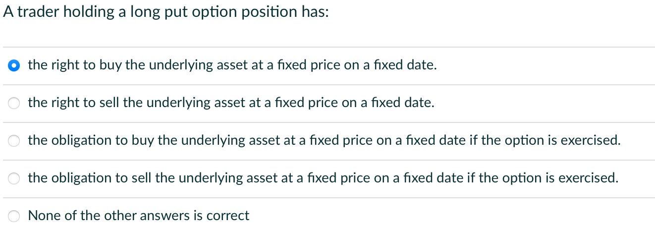  A trader holding a long put option position has: the right