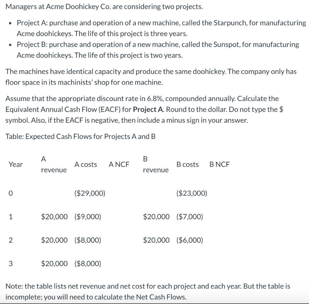 Managers at Acme Doohickey Co. are considering two projects. Project A: