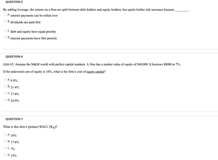 MM propositions anf optimal capital structure theories QUESTION 1 With perfect capital