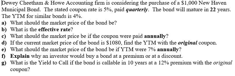 Please do it in excel with formulas Dewey Cheetham & Howe