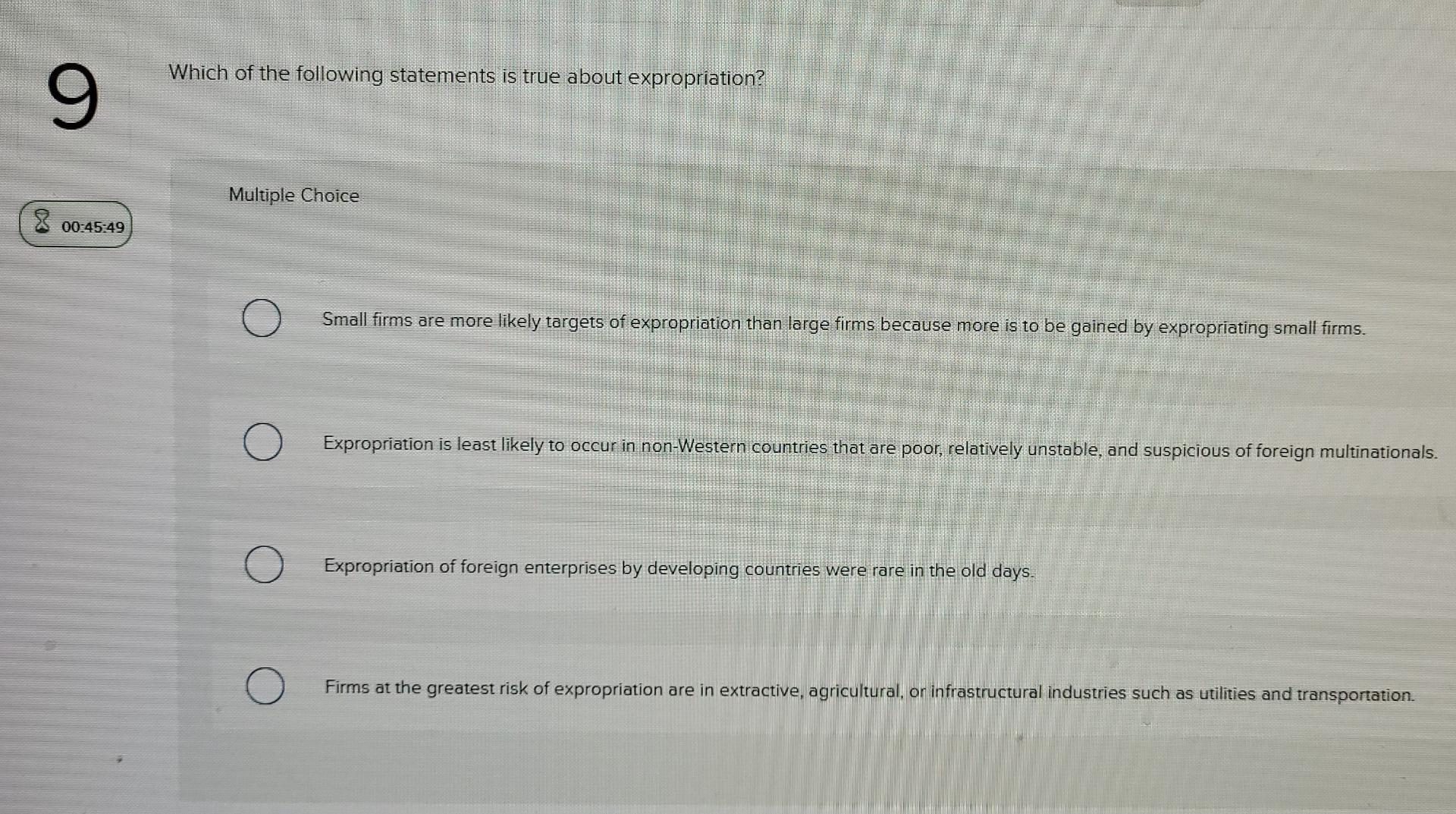 leadership. 10 Multiple Choice 00:45:55 authoritarian autocratic participative paternalistic Which of the