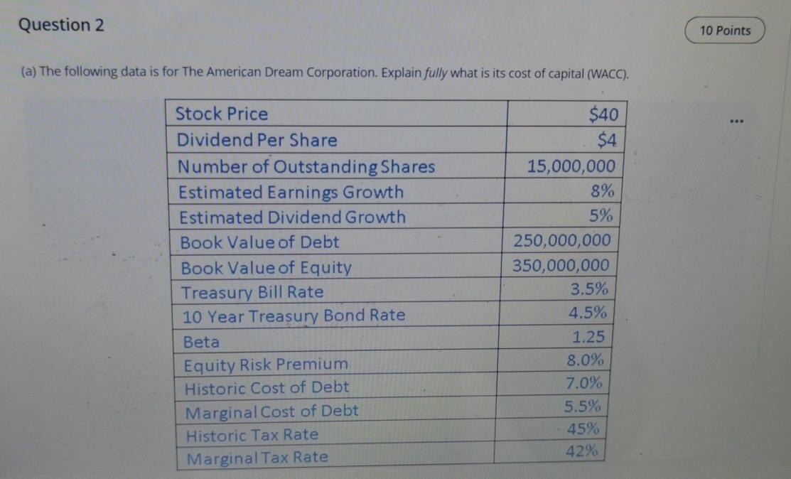 Question 2 : Question 2 10 Points (a) The following data is