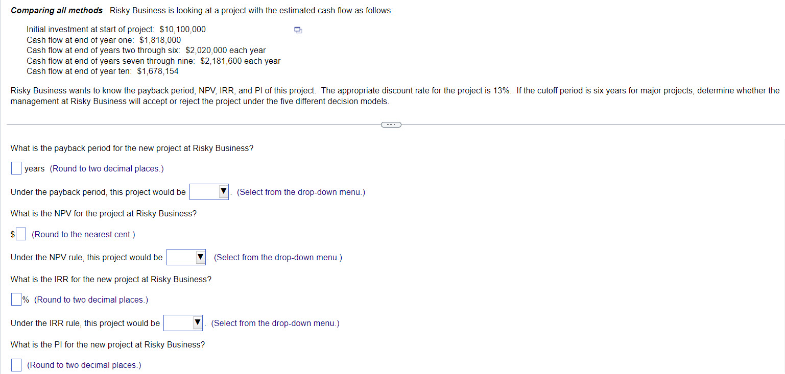  Comparing all methods. Risky Business is looking at a project with