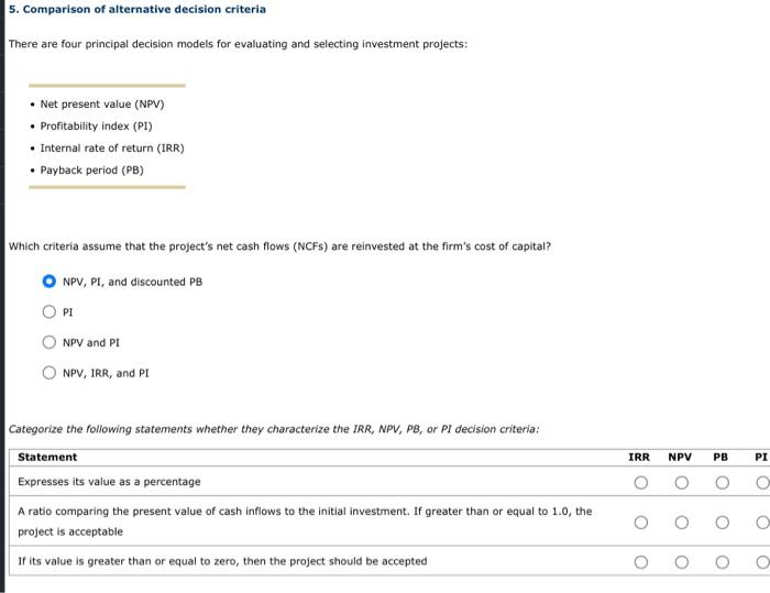  There are four principal decision models for evaluating and selecting investment