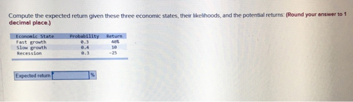  Compute the expected return given these three economic states, their likelihoods,