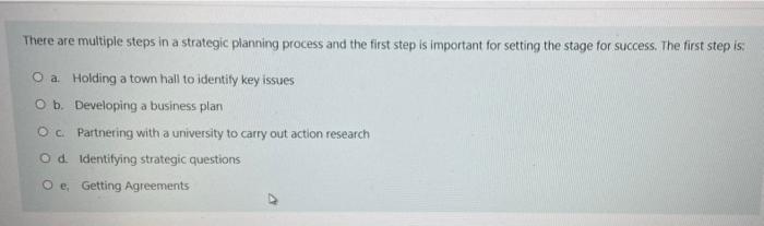  There are multiple steps in a strategic planning process and the