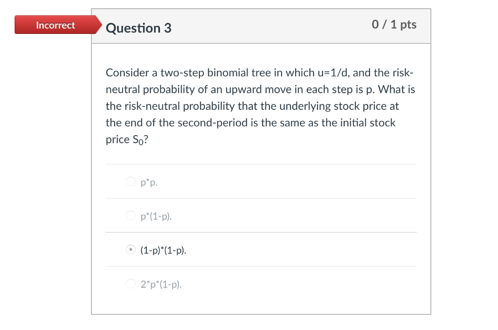 0/1 pts Incorrect Question 3 Consider a two-step binomial tree in
