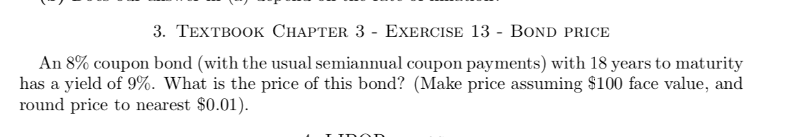  3. TEXTBOOK CHAPTER 3 - EXERCISE 13 - Bond PRICE An