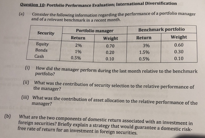  Question 10: Portfolio Performance Evaluation; International Diversification (a) Consider the following