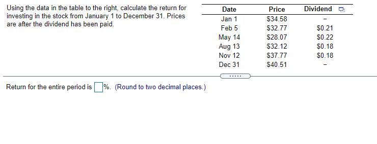  Dividend Using the data in the table to the right, calculate