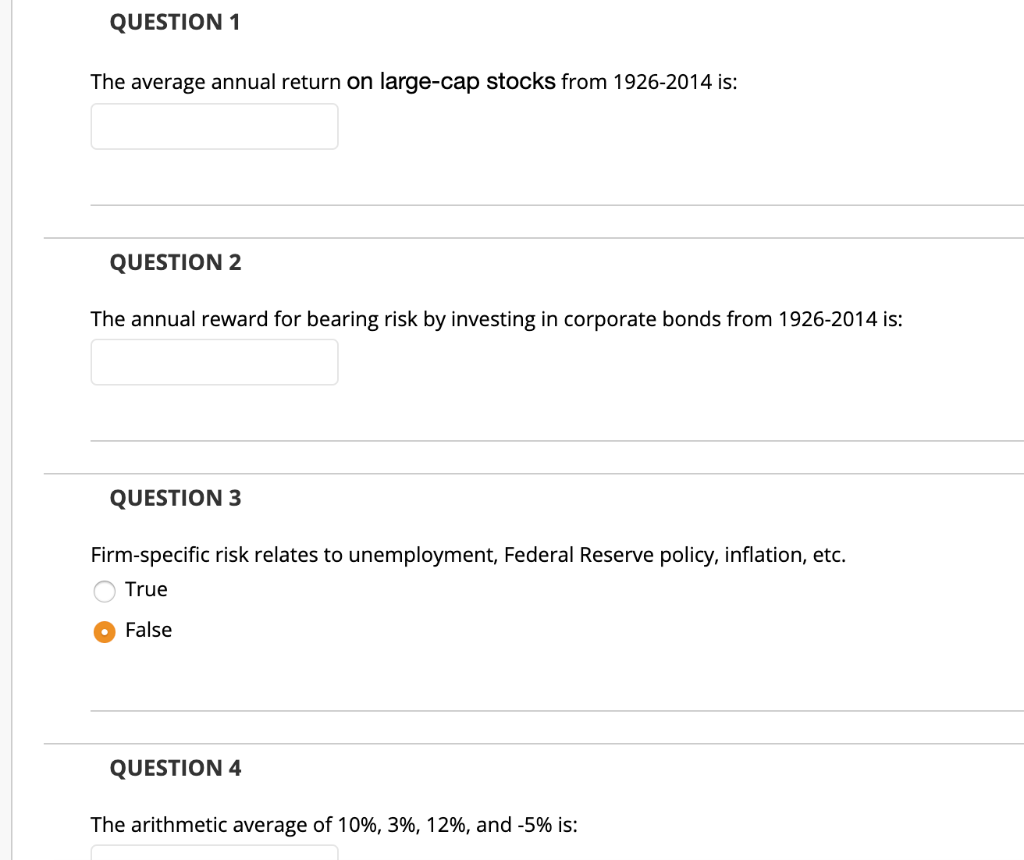  QUESTION 1 The average annual return on large-cap stocks from 1926-2014