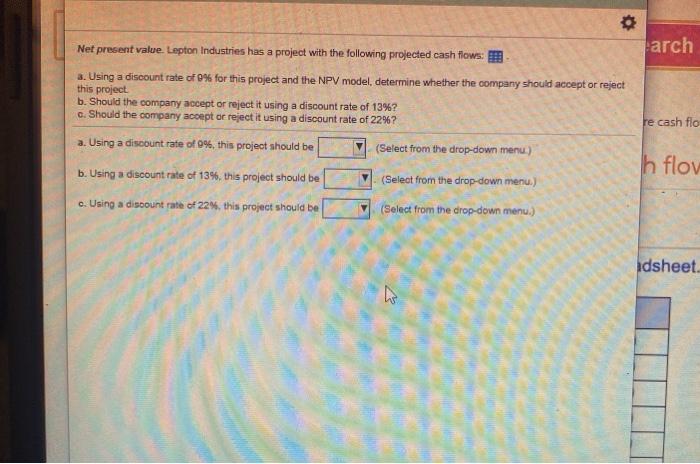  arch Net present value. Lepton Industries has a project with the
